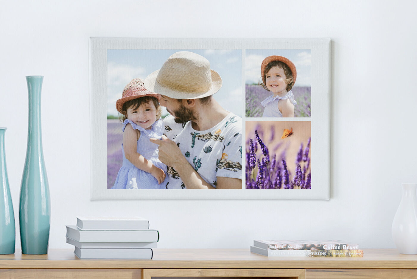 Ein liebevoll gestaltetes CEWE Wandbild mit Familienfotos im Lavendelfeld und einem fröhlichen Moment zwischen Eltern und Kind.