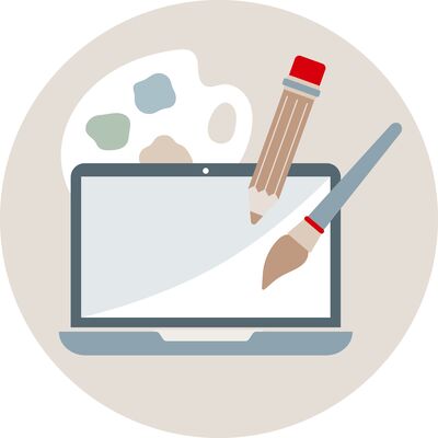 Ein Laptop mit Malutensilien wie Pinsel, Bleistift und einer Farbpalette