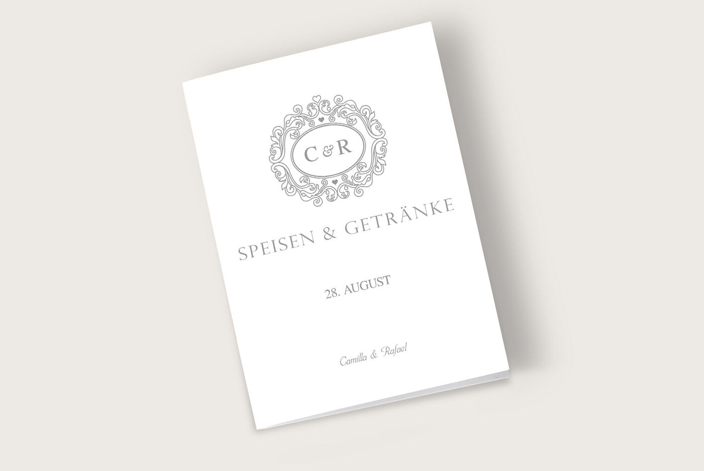 Elegante Menükarte für eine Hochzeit mit dem Text "Speisen & Getränke" und den Namen "Camilla & Rafael".
