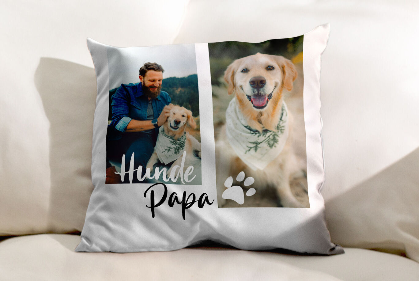 Ein kuscheliges Kissen zeigt einen Hund und den Schriftzug 'Hunde Papa'.