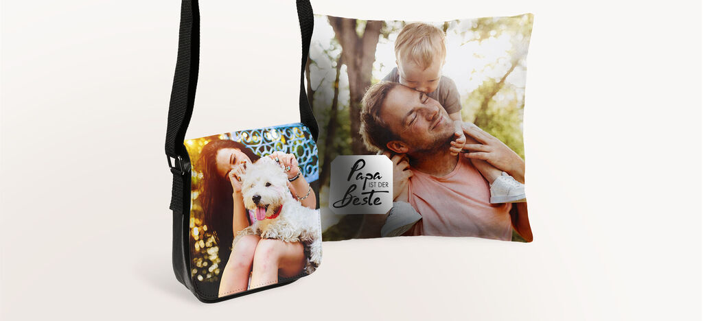 Bezaubernde Geschenke für Papa: Eine Fototasche mit einem Hund und ein Kissen mit Papa und Kind.