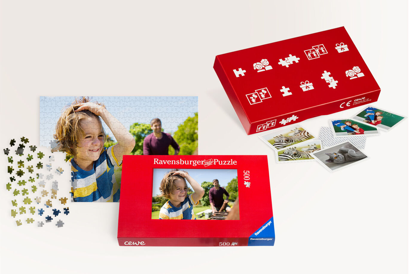 Ein rotes Puzzle mit bunten Teilen und einem Bild, das Spaß und Kreativität ausstrahlt. Ein tolles Geschenk zum Teilen von Erinnerungen