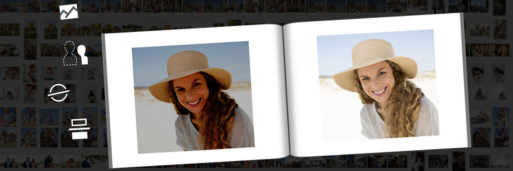 Frau mit Sonnenhut in einem Fotobuch.