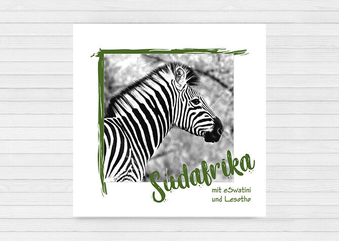 Schwarz-weißer Zebra Kopf vor unscharfem Hintergrund, mit grüner umrandeter Schrift: "Südafrika mit Eswatini und Lesotho"