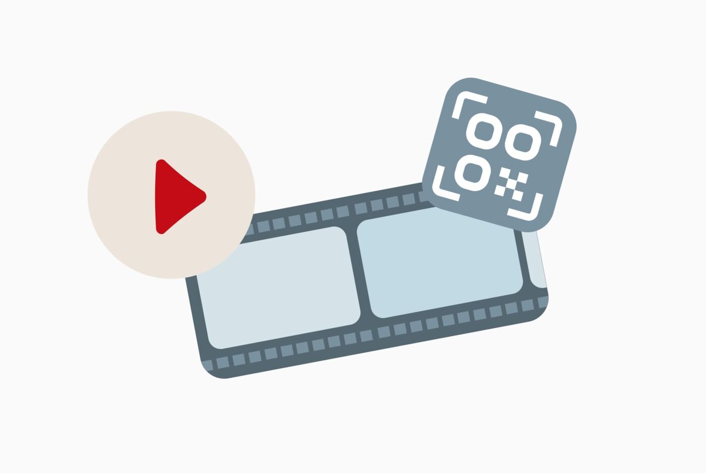 Illustration eines Play-Symbols, Filmstreifens und QR-Code, um ein Video per QR-Code im Fotobuch einzubinden.