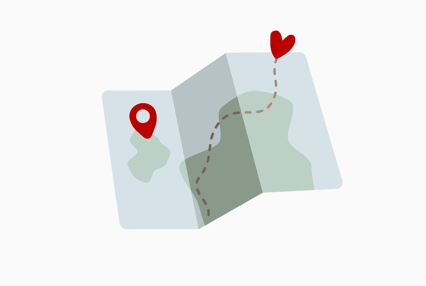 Illustration einer Landkarte mit rotem Pin als Markierung und gestrichelter Linie zu einem Herz. Darstellung für Landkarten im CEWE FOTOBUCH