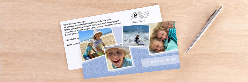 Eine liebevoll gestaltete Postkarte mit mehreren Fotos von einem Strandurlaub und einer persönlichen Nachricht.