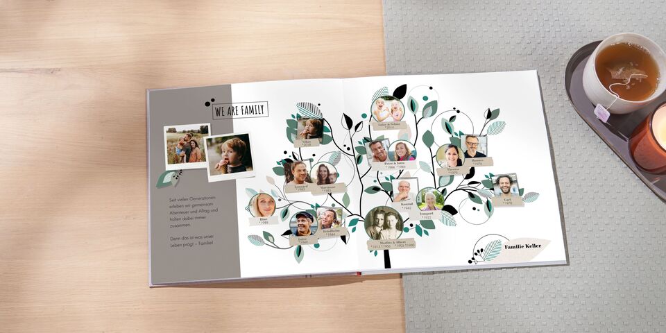 Ein liebevoll gestalteter Familienstammbaum mit Fotos von Familienmitgliedern, dekoriert mit floralen Elementen.