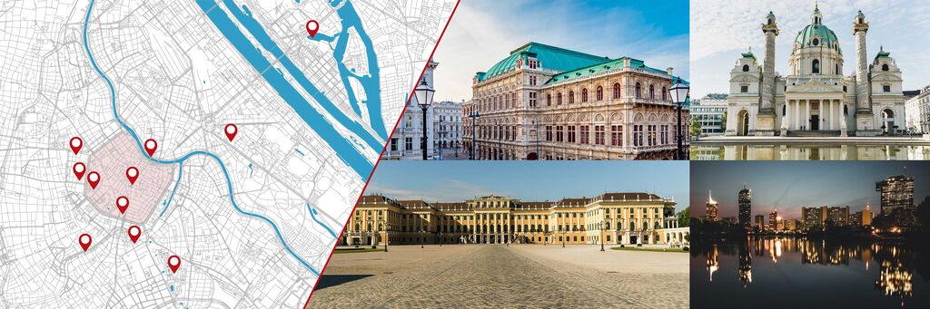 Karte mit Sehenswürdigkeiten in Wien und Fotomontage von Architekturen