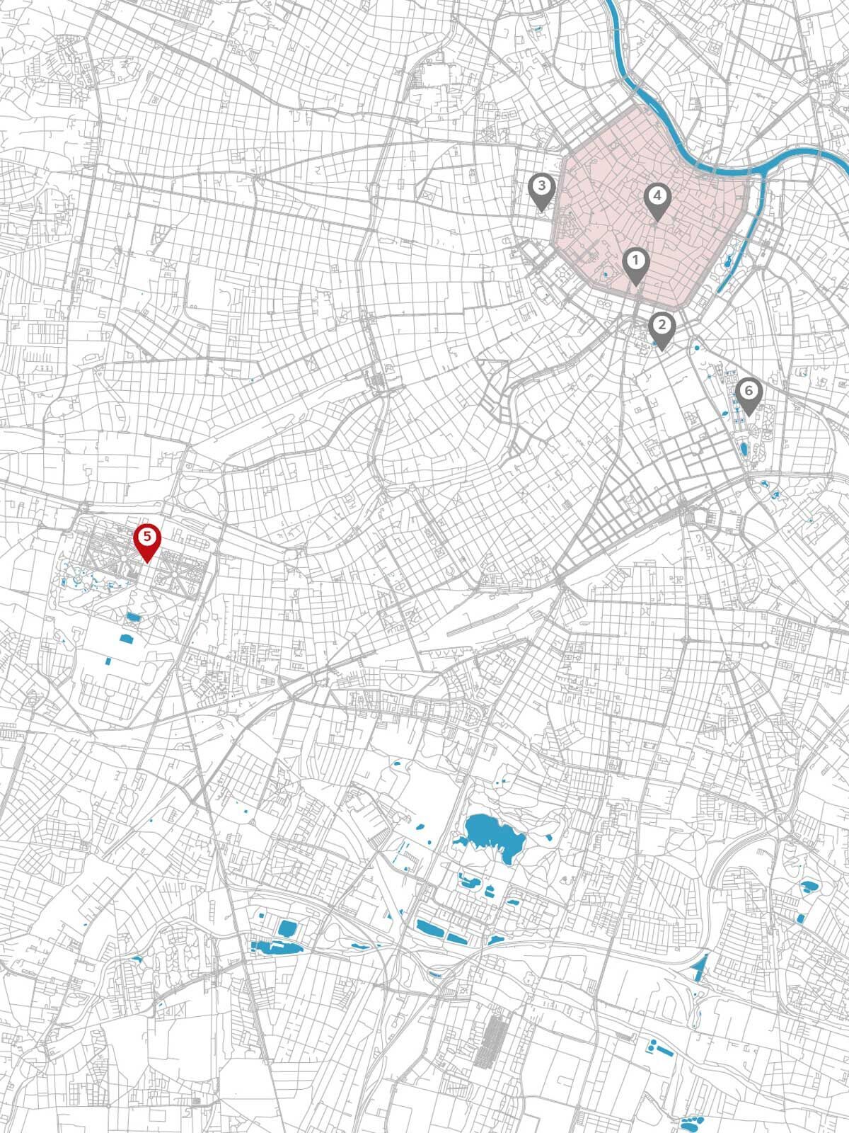 Karte einer Stadt mit markierten Punkten und Straßen ohne Farben
