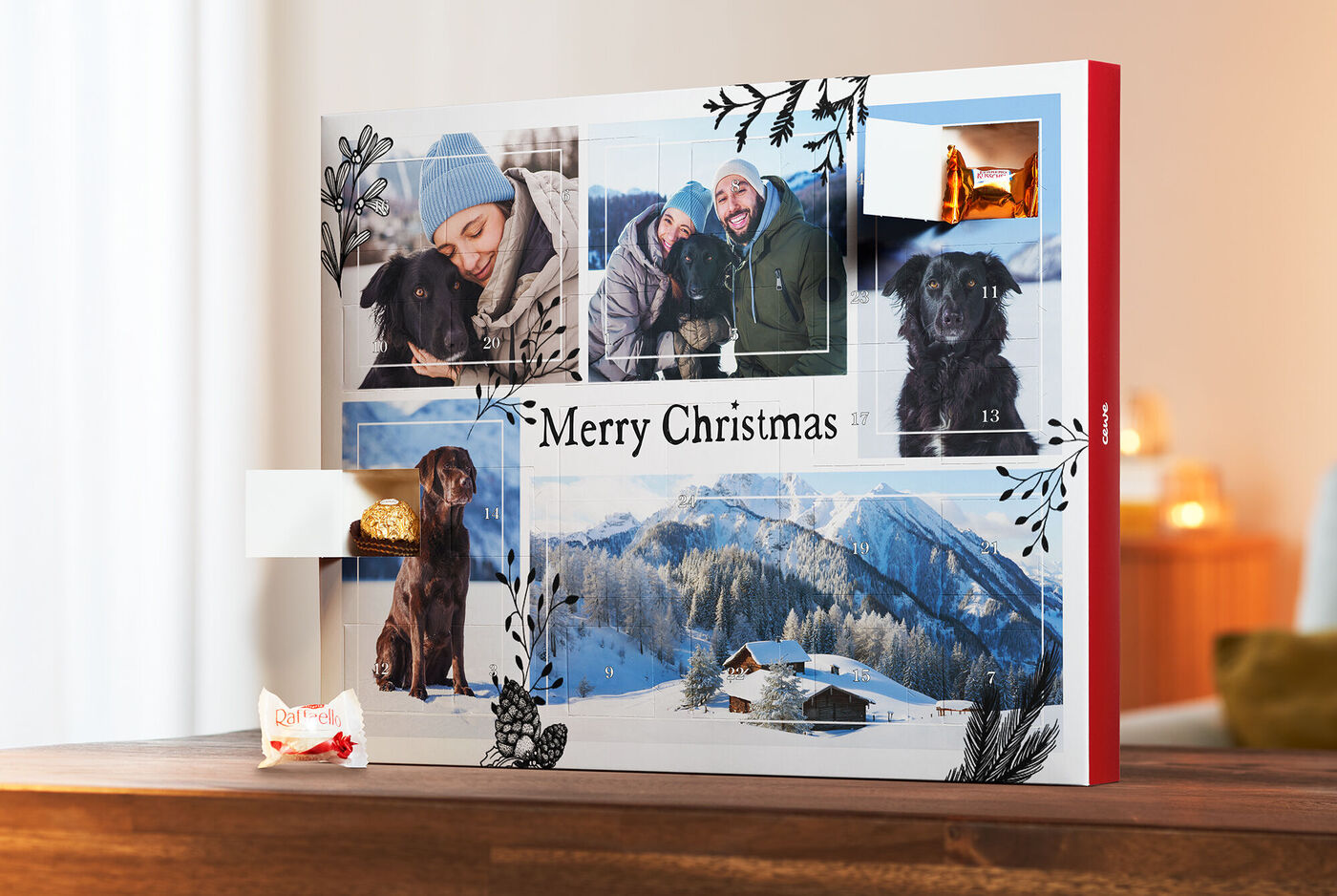 Ein Adventkalender gefüllt mit Pralinen von Ferrero und teilweise offenen Türchen im XXL Format mit eines Pärchens mit Hund zu sehen.